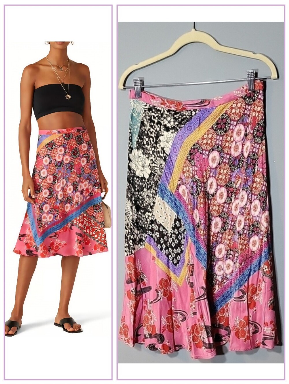 Pinko Size 8 Pink Multicolor Patchwork Midi Skirt Bohemian Style